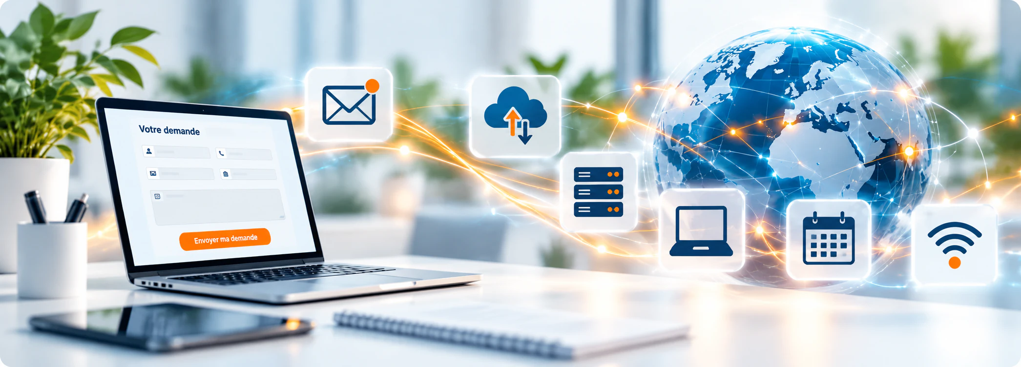 Ordinateur avec un formulaire de contact, connecté à un réseau d’informations illustré par un globe et des pictogrammes de messagerie et de services cloud