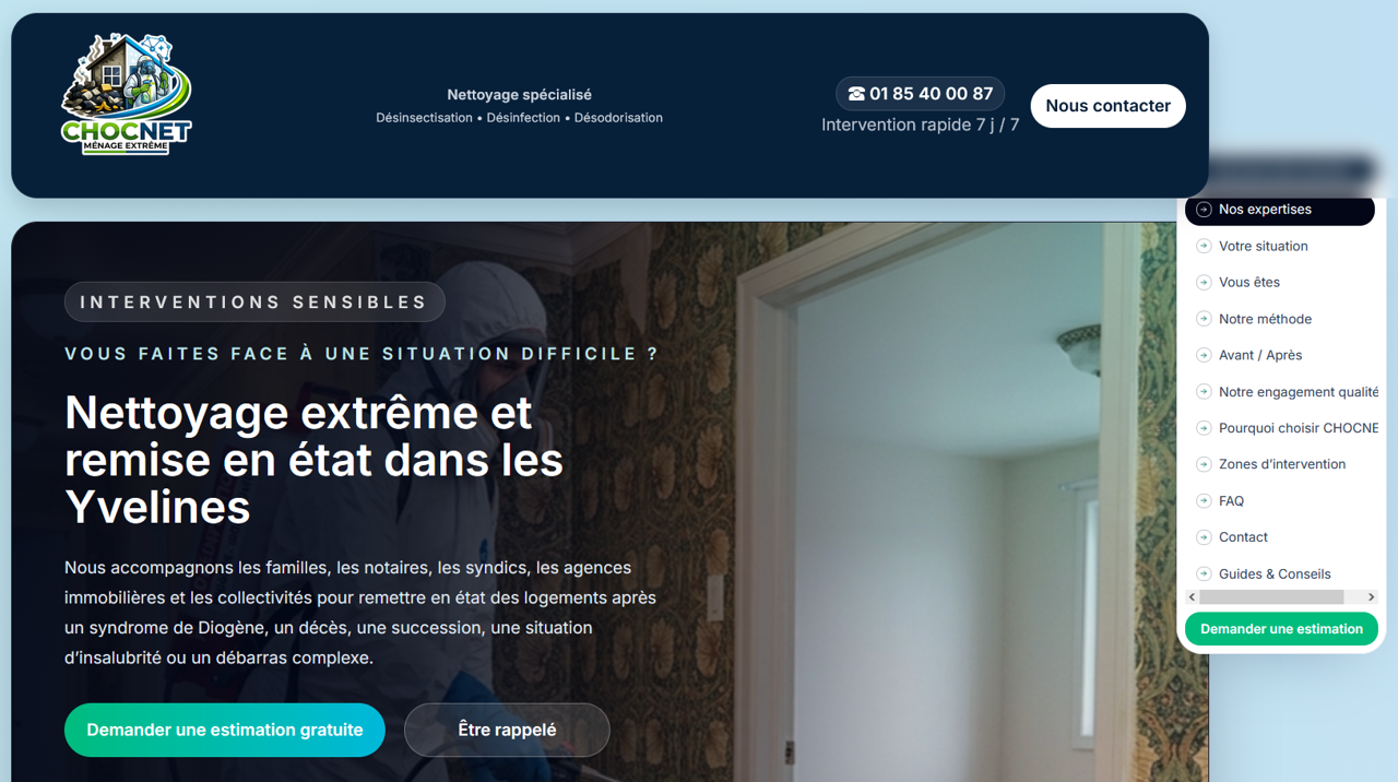 Page d’accueil de Chocnet présentant le nettoyage spécialisé et les interventions en situations difficiles