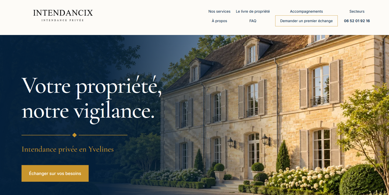Page d’accueil d’Intendancix présentant son activité d’intendance privée en Yvelines